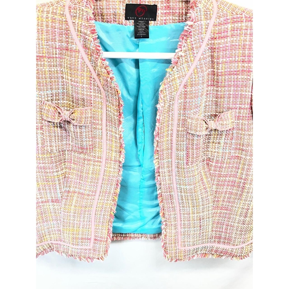 Vintage True Meaning Women's Multicolor Stylish Fringe Hem Tweed Blazer Large - Picture 4 of 12